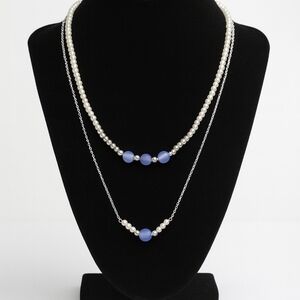 Elegant Pearl and Blue Bead Necklace Set